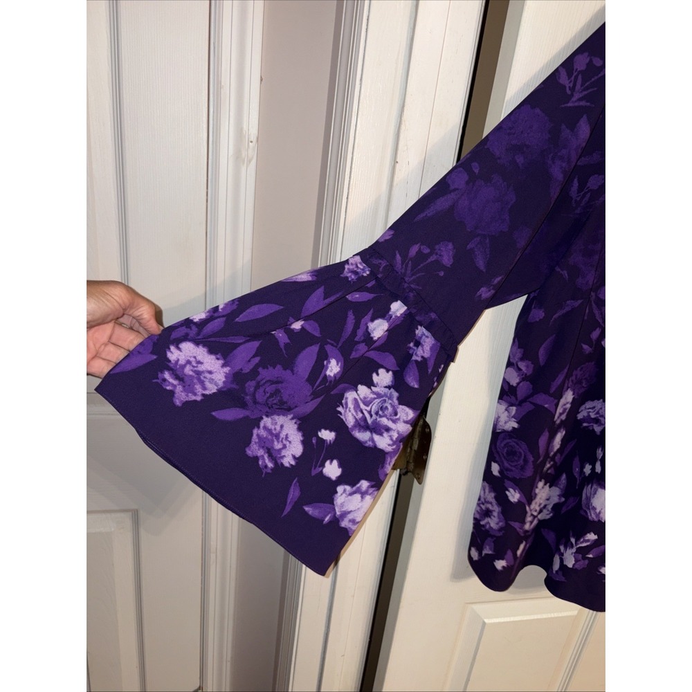 Belle Kim Gravel XL Purple Floral Ruffle Tunic Blouse Bell Sleeve Border Print - Picture 3 of 10